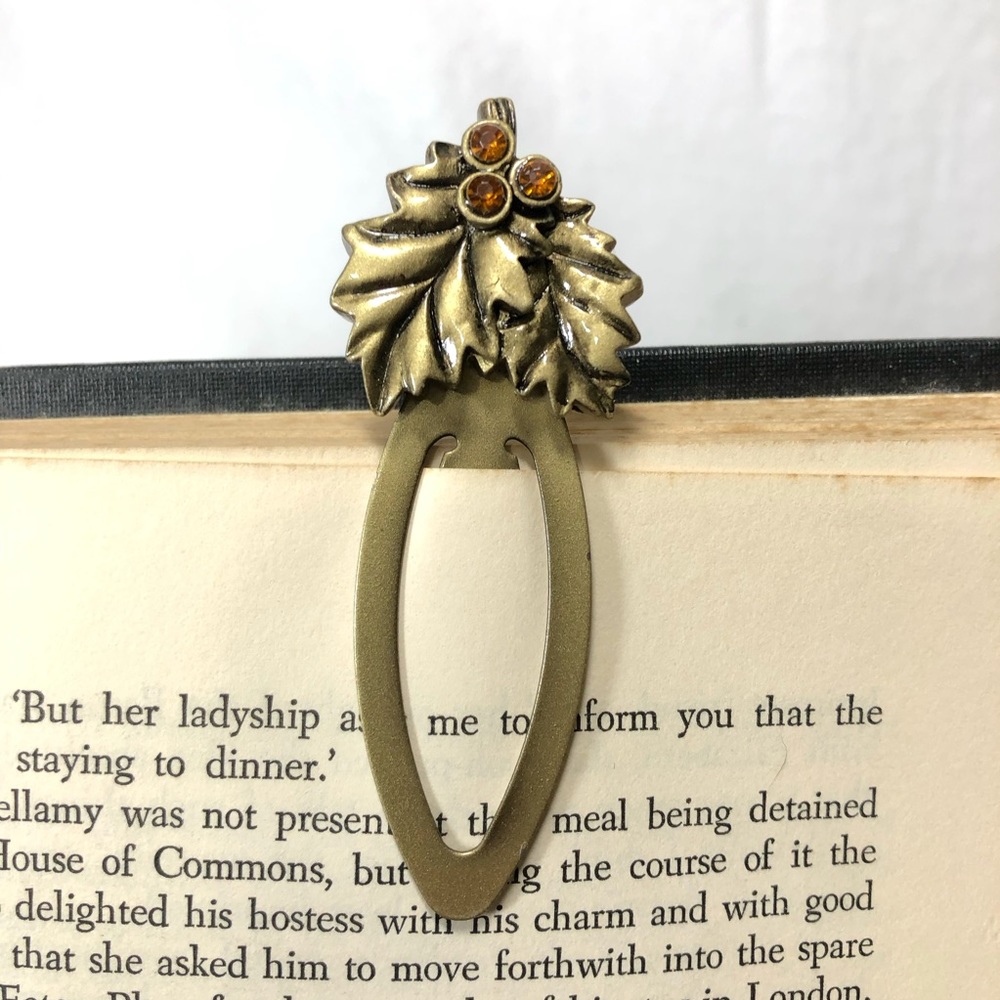 Vintage Brass Bookmark Holly Leaves w Orange Rhinestones Great Gift